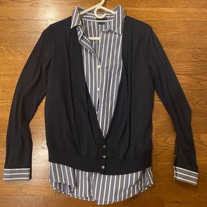 Theory navy blue cardigan with attached striped shirting.
